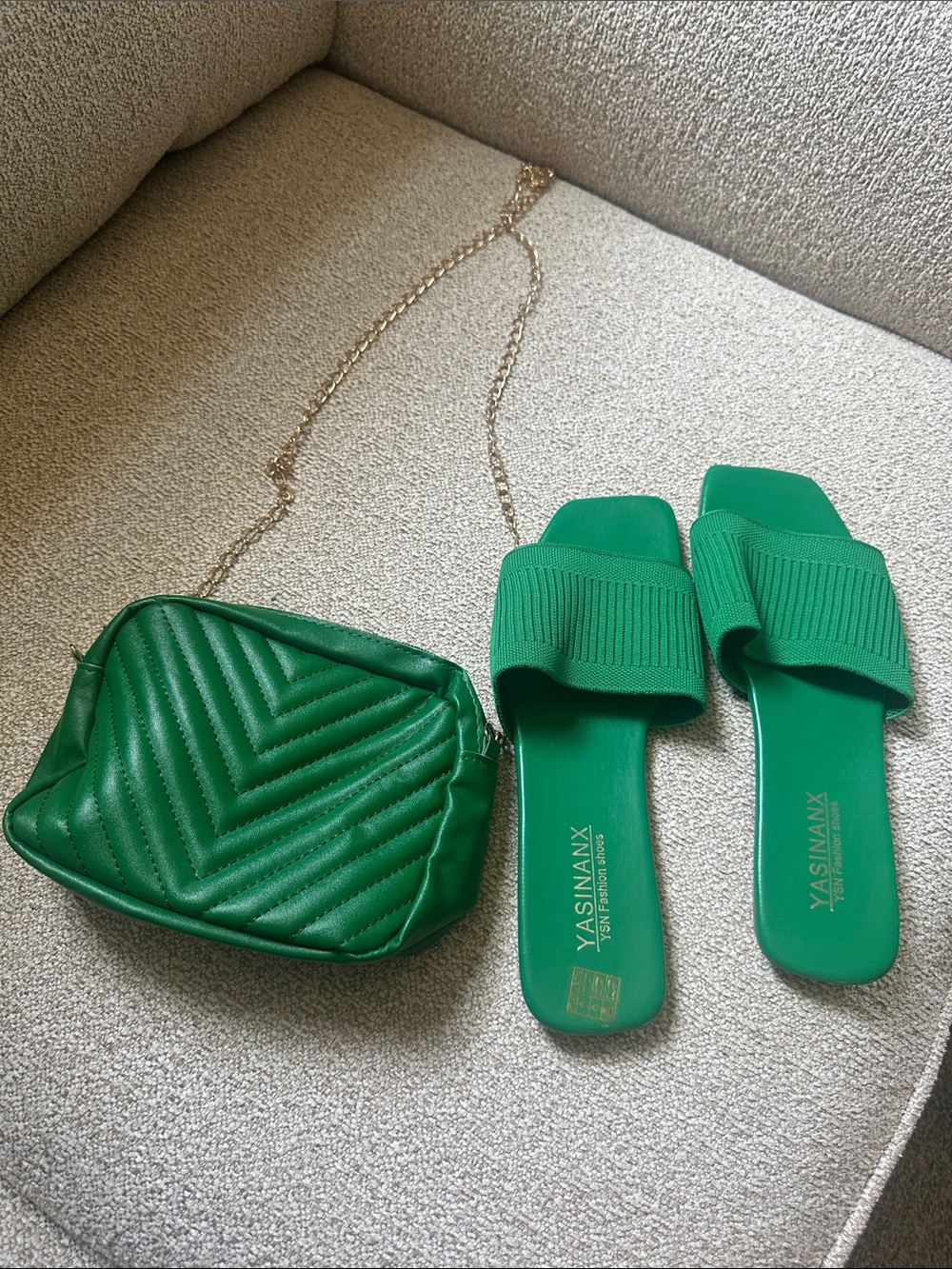Green Slide Sandals with Matching Quilted Crossbody Bag